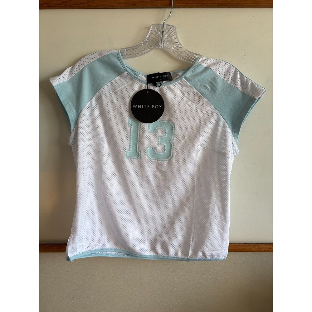 White Fox Mesh Jersey Top Women's XL White Blue 13 Y2K Baby Tee Cap Sleeve NWT